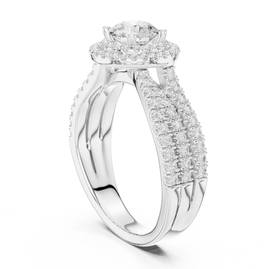 1.60 Ct. Round Diamond Double Halo Ring with Triple-Row Pavé Band (LR-0213) 10