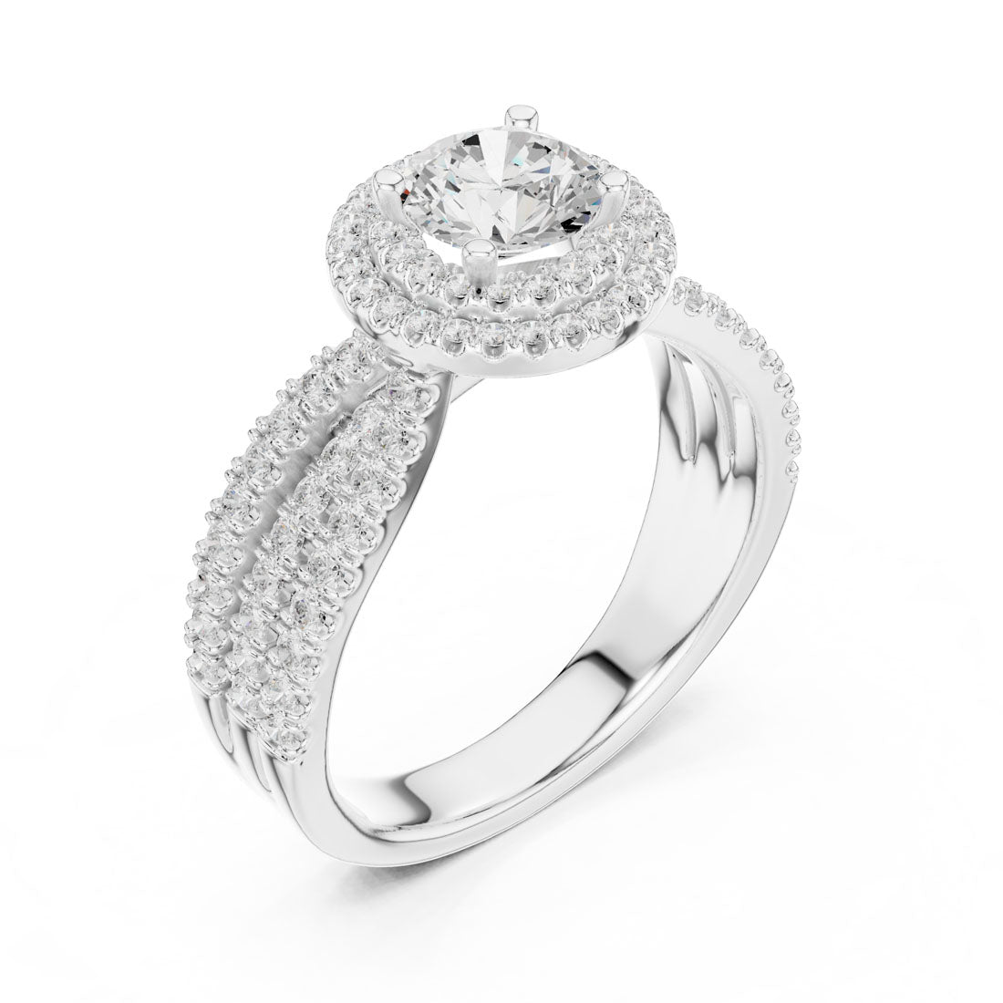 1.60 Ct. Round Diamond Double Halo Ring with Triple-Row Pavé Band (LR-0213) 8