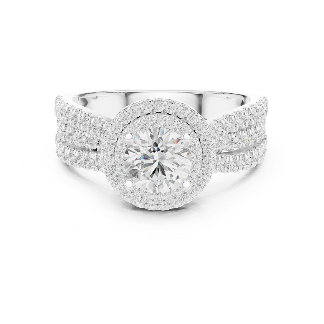 1.60 Ct. Round Diamond Double Halo Ring with Triple-Row Pavé Band (LR-0213)