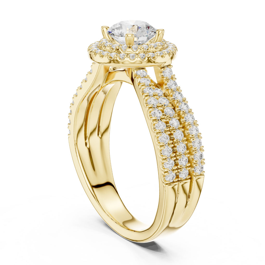 1.60 Ct. Round Diamond Double Halo Ring with Triple-Row Pavé Band (LR-0213) 3