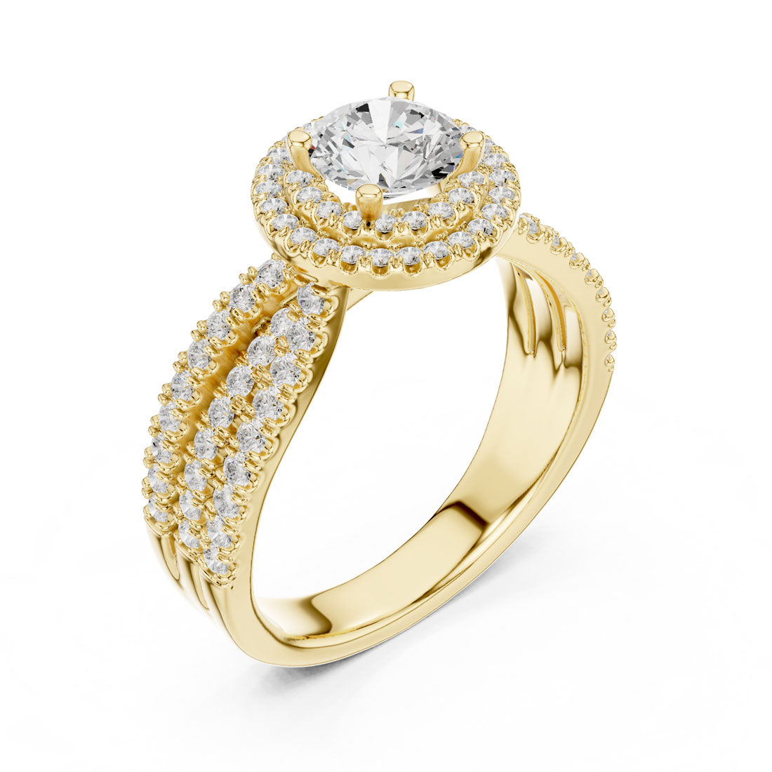 1.60 Ct. Round Diamond Double Halo Ring with Triple-Row Pavé Band (LR-0213)
