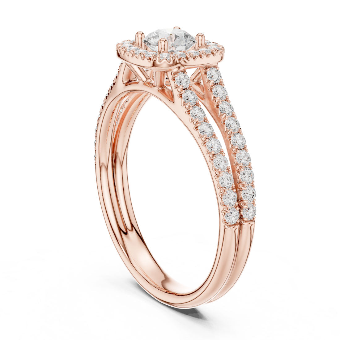 1.01 Ct. Round Diamond Solitaire with Cushion-Shaped Halo and Double Pavé Band (LR-0217) 10