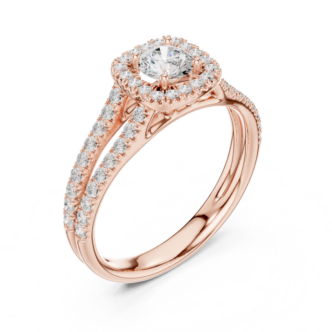 1.01 Ct. Round Diamond Solitaire with Cushion-Shaped Halo and Double Pavé Band (LR-0217) 6
