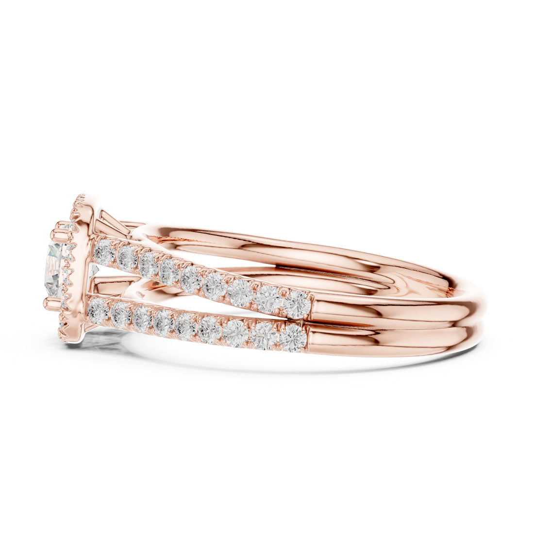 1.01 Ct. Round Diamond Solitaire with Cushion-Shaped Halo and Double Pavé Band (LR-0217) 11