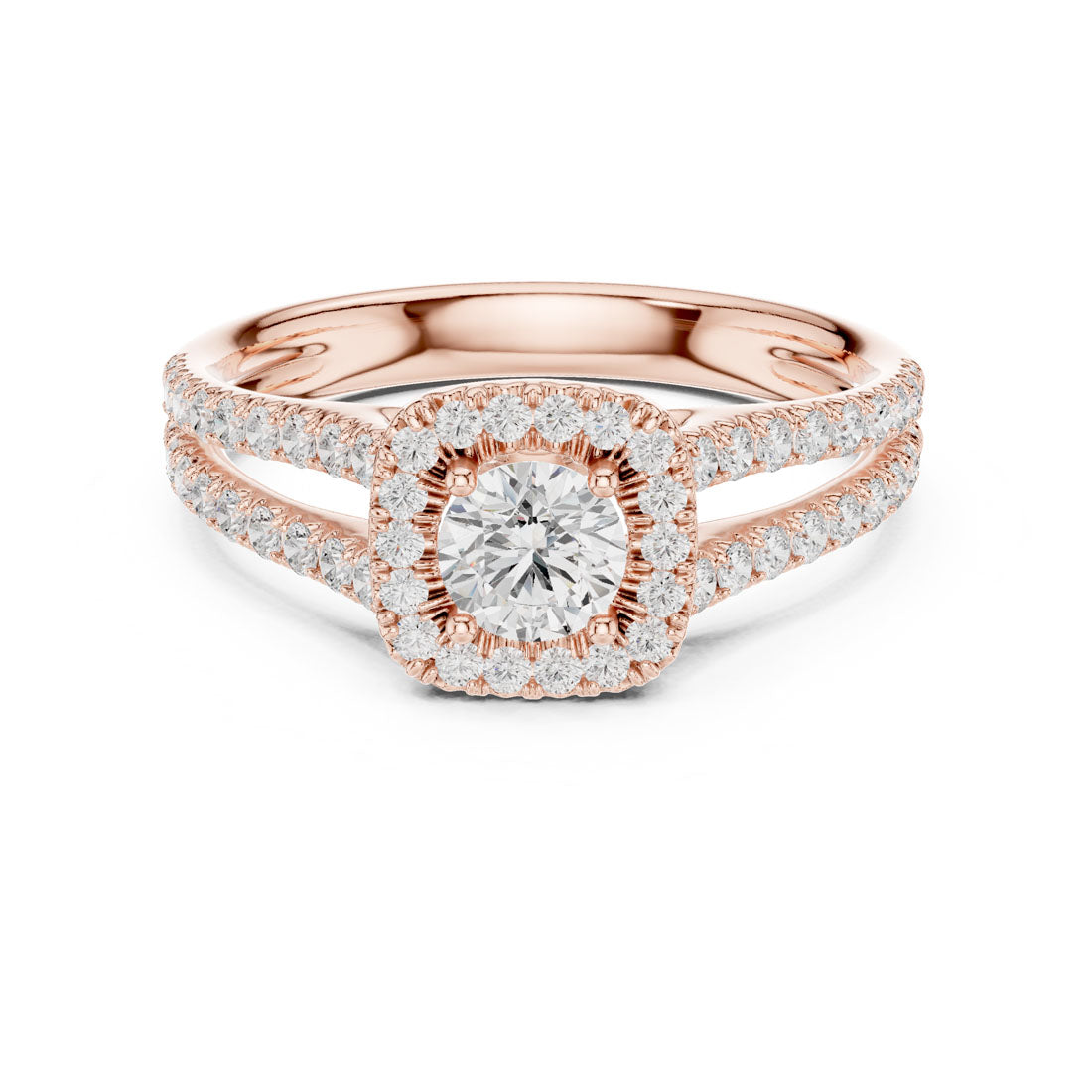 1.01 Ct. Round Diamond Solitaire with Cushion-Shaped Halo and Double Pavé Band (LR-0217) 5