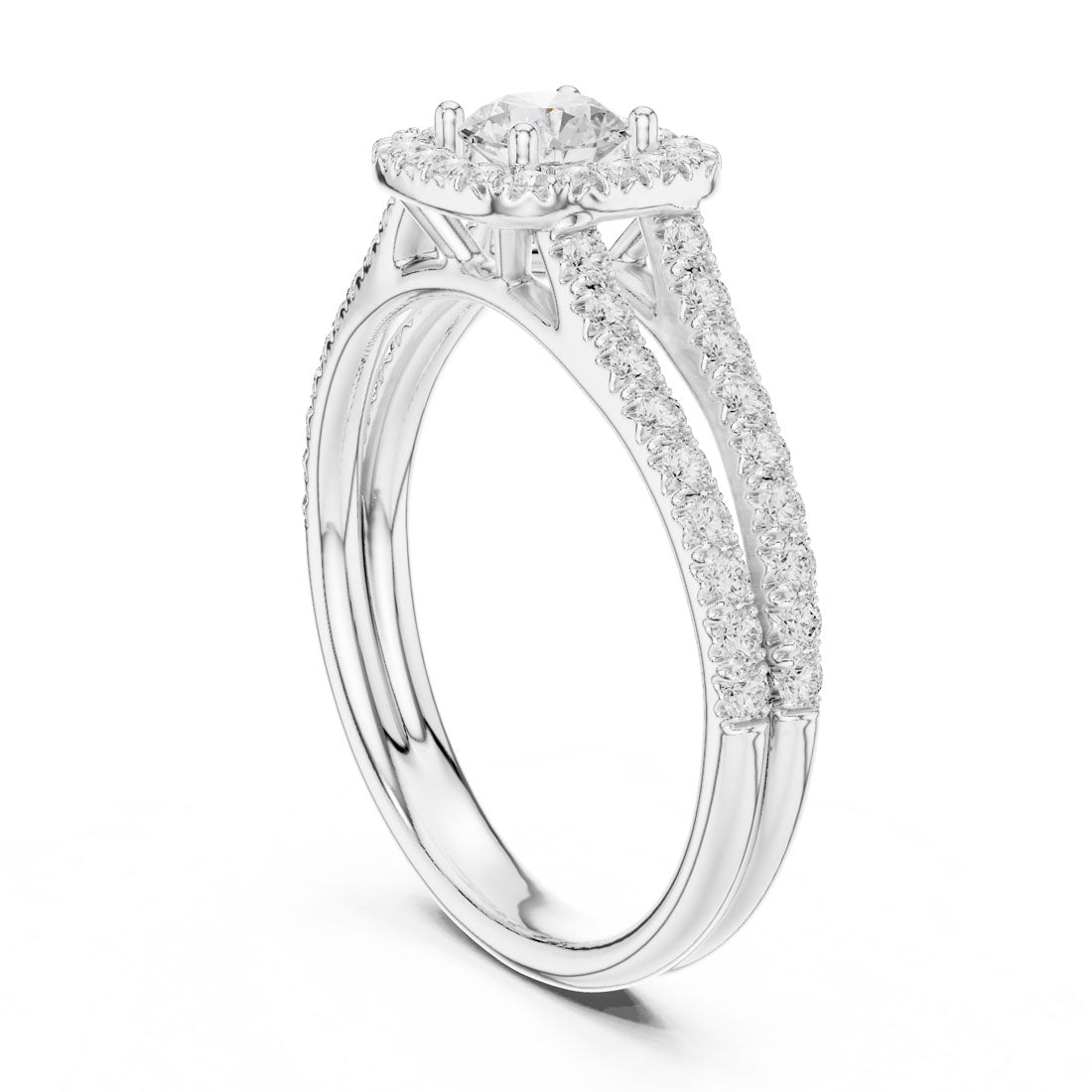 1.01 Ct. Round Diamond Solitaire with Cushion-Shaped Halo and Double Pavé Band (LR-0217) 9