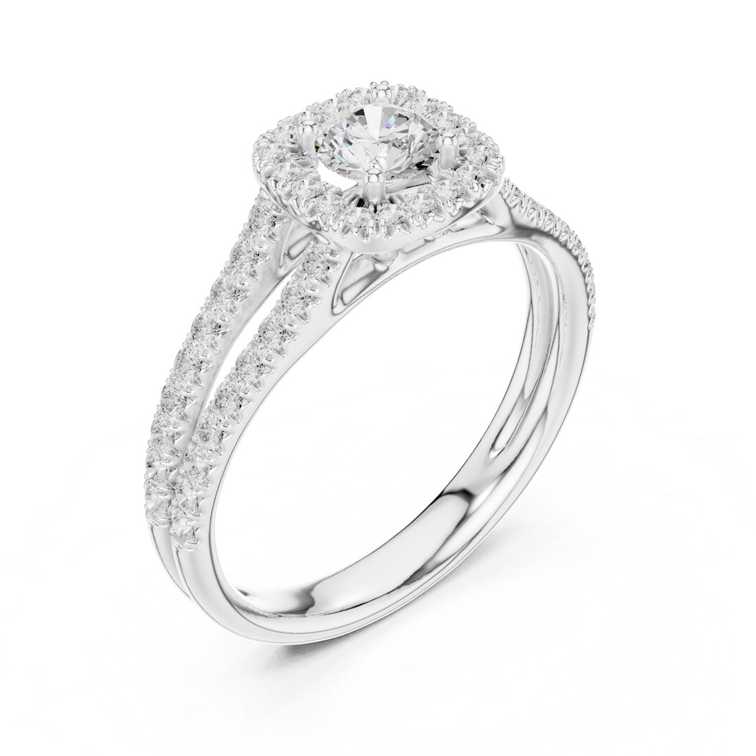 1.01 Ct. Round Diamond Solitaire with Cushion-Shaped Halo and Double Pavé Band (LR-0217) 8