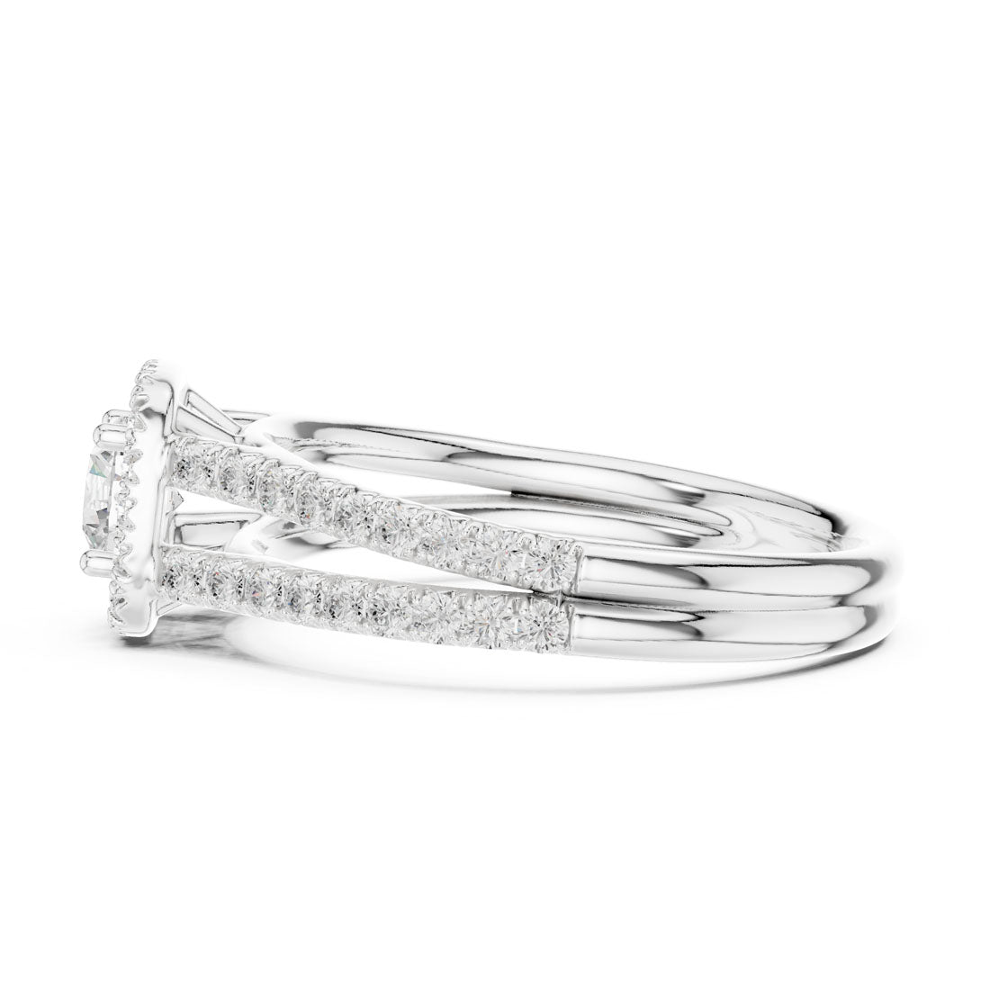 1.01 Ct. Round Diamond Solitaire with Cushion-Shaped Halo and Double Pavé Band (LR-0217) 12