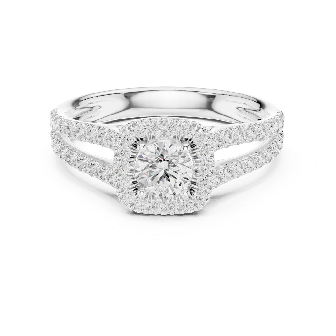 1.01 Ct. Round Diamond Solitaire with Cushion-Shaped Halo and Double Pavé Band (LR-0217) 7
