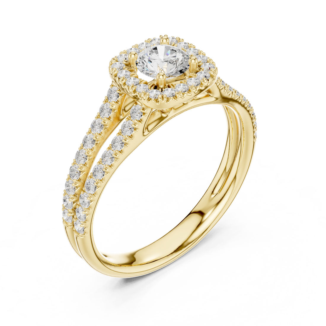 1.01 Ct. Round Diamond Solitaire with Cushion-Shaped Halo and Double Pavé Band (LR-0217)
