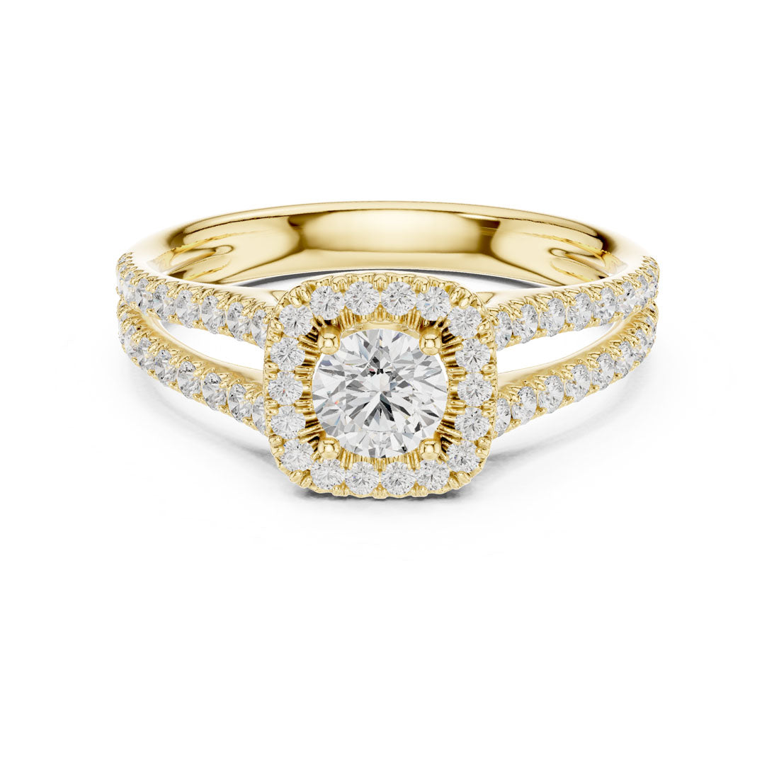 1.01 Ct. Round Diamond Solitaire with Cushion-Shaped Halo and Double Pavé Band (LR-0217)