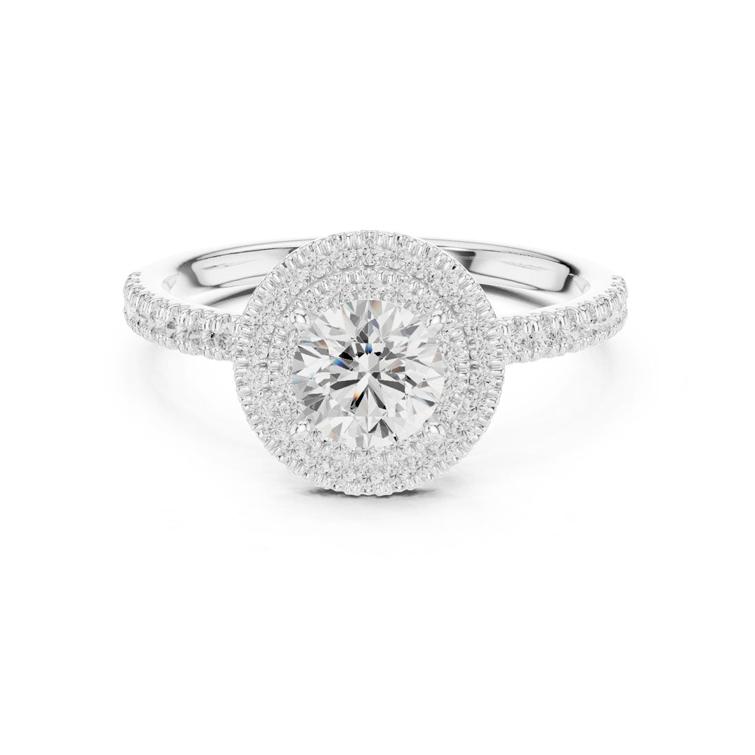 1.16 Ct. Round Diamond Solitaire with Cushion-Shaped Halo and Pavé Band (LR-0219)