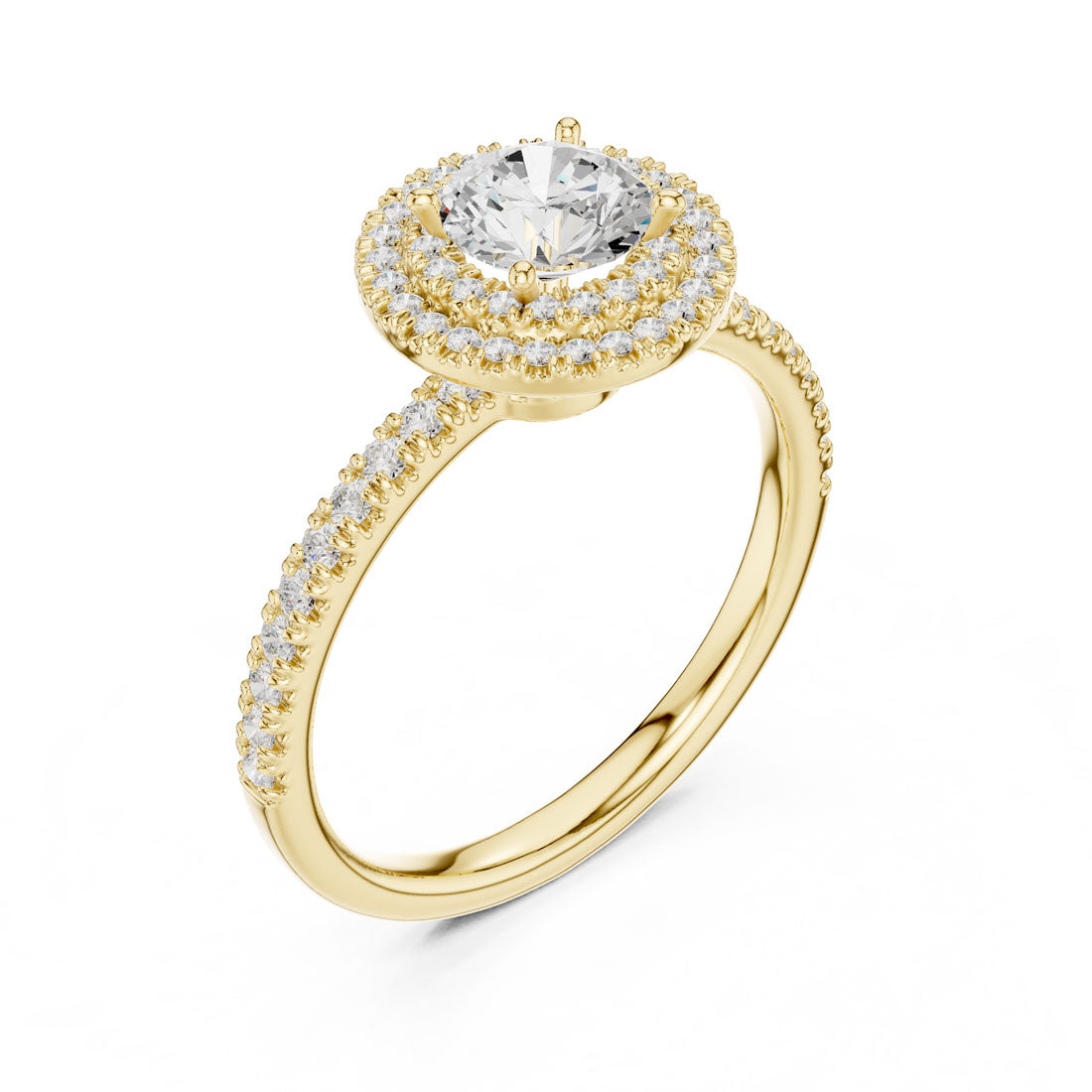1.16 Ct. Round Diamond Solitaire with Cushion-Shaped Halo and Pavé Band (LR-0219)