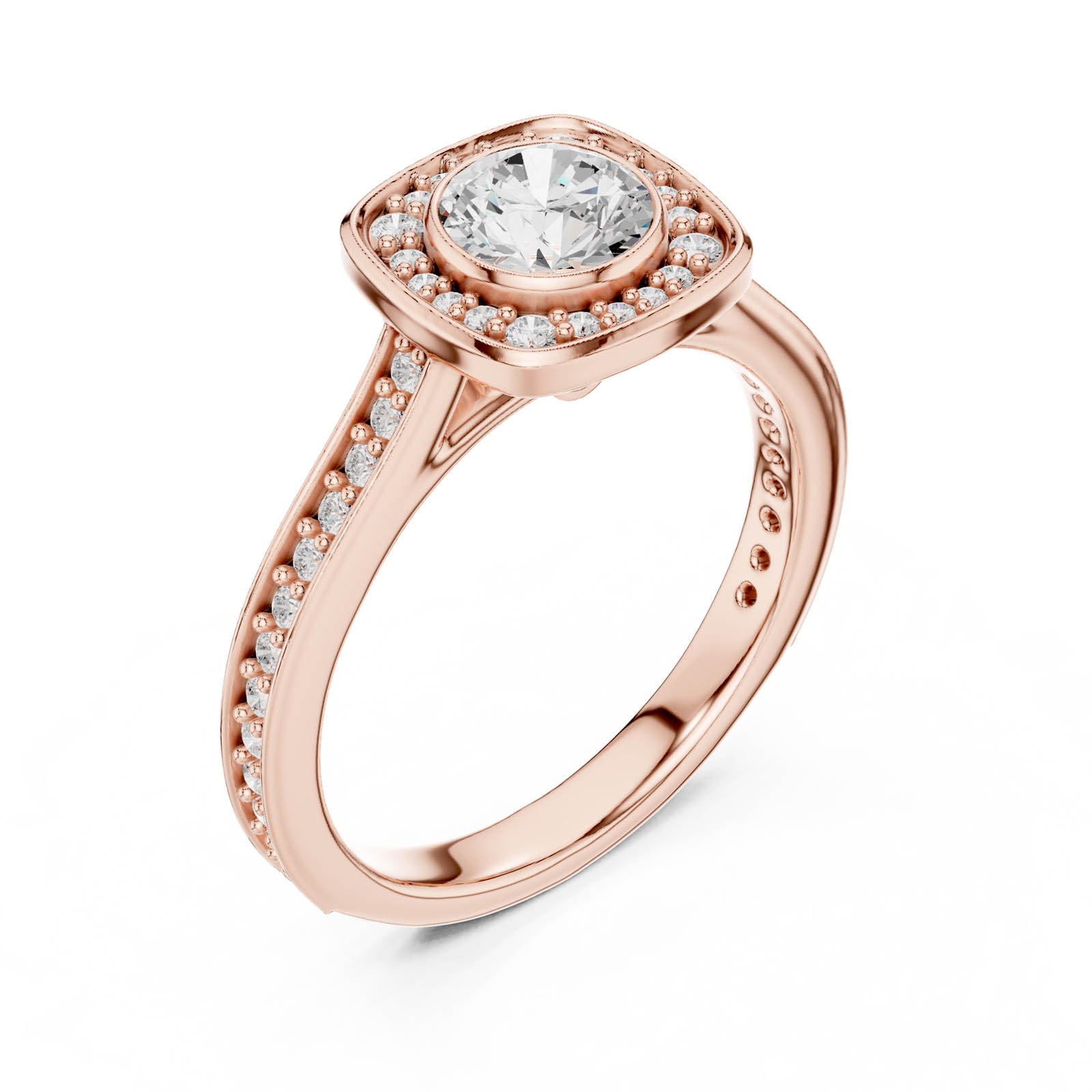 1.07 Ct. Round Diamond Halo Ring with Cushion Halo Frame and Pavé Band (LR-0240) 6