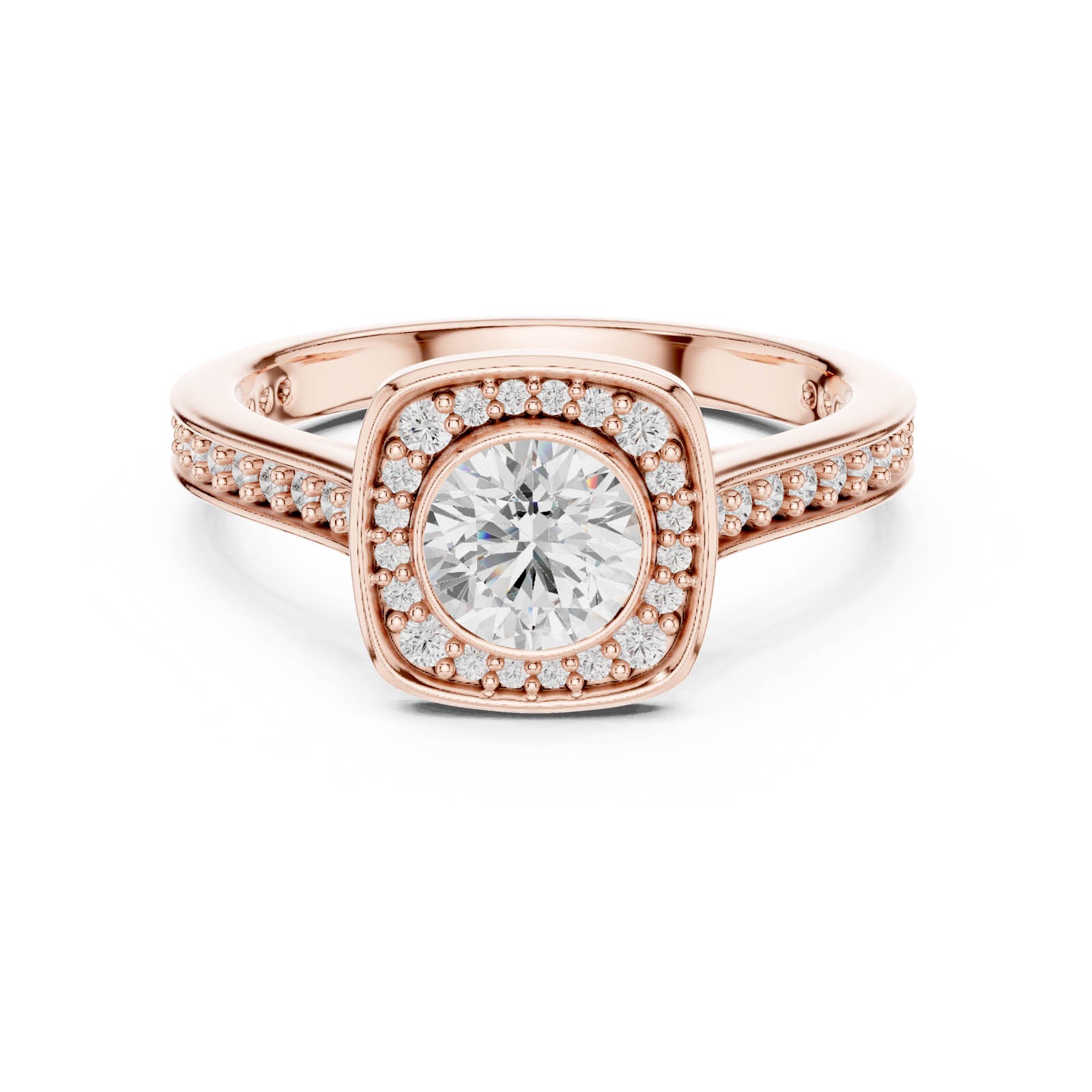 1.07 Ct. Round Diamond Halo Ring with Cushion Halo Frame and Pavé Band (LR-0240) 9