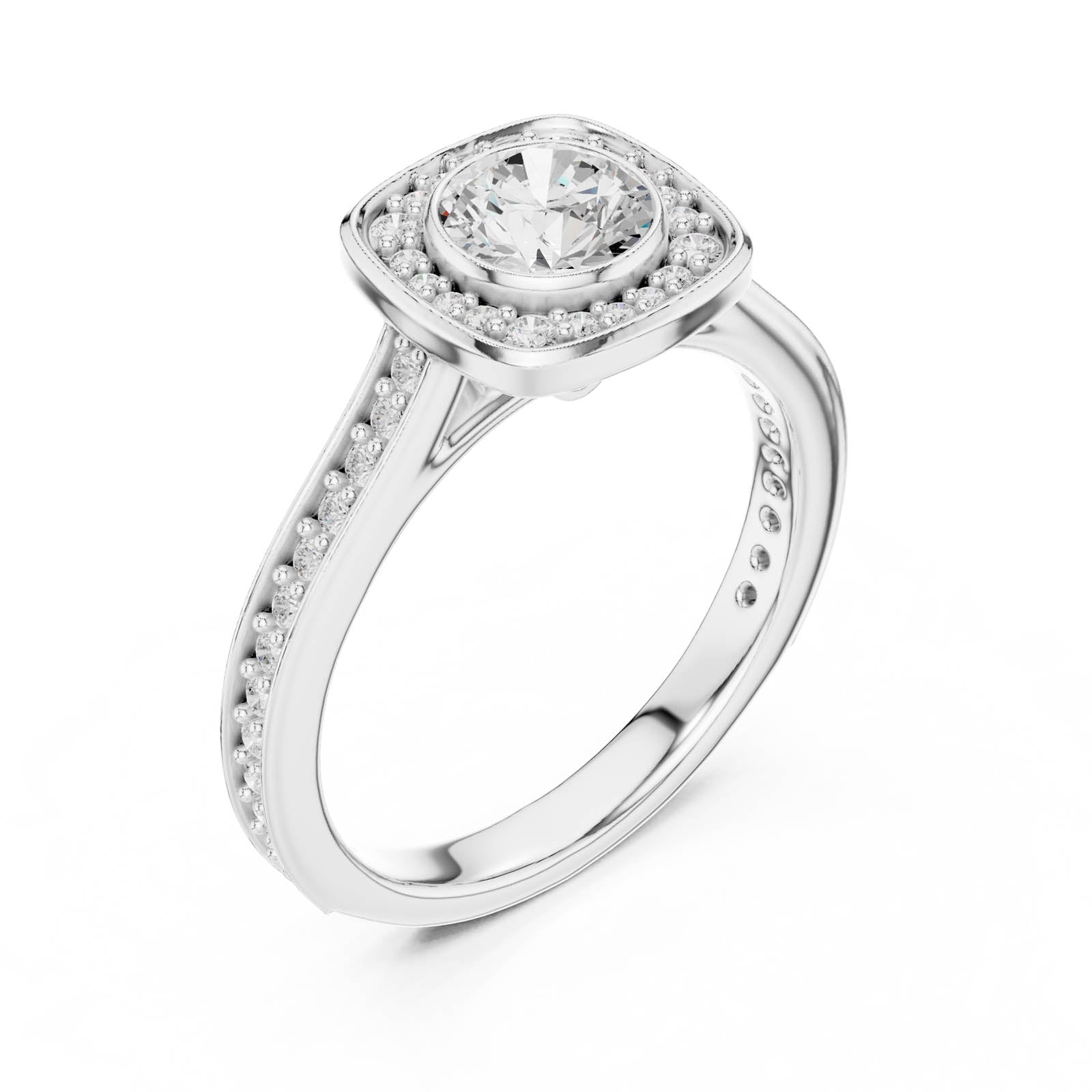 1.07 Ct. Round Diamond Halo Ring with Cushion Halo Frame and Pavé Band (LR-0240) 10
