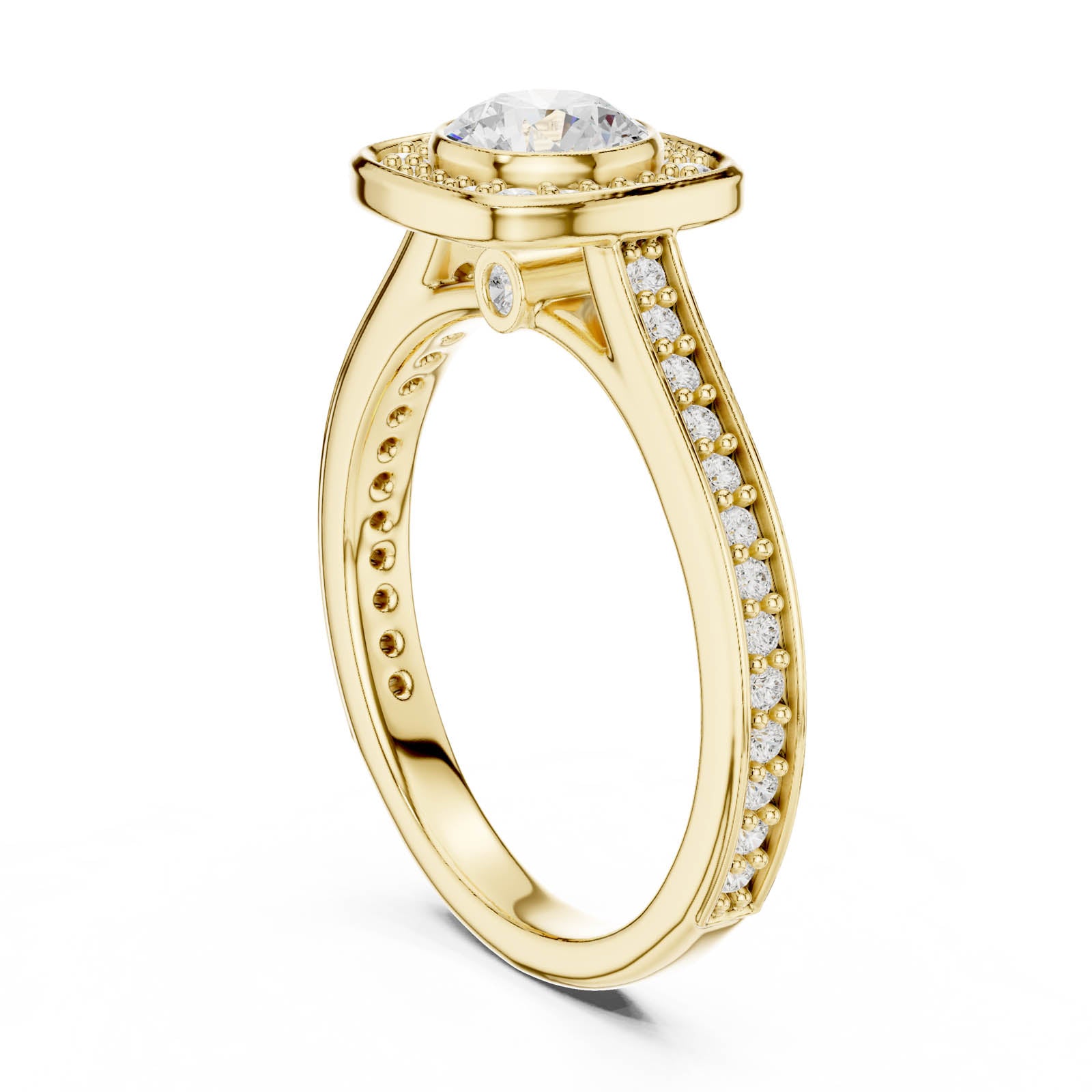 1.07 Ct. Round Diamond Halo Ring with Cushion Halo Frame and Pavé Band (LR-0240) 8