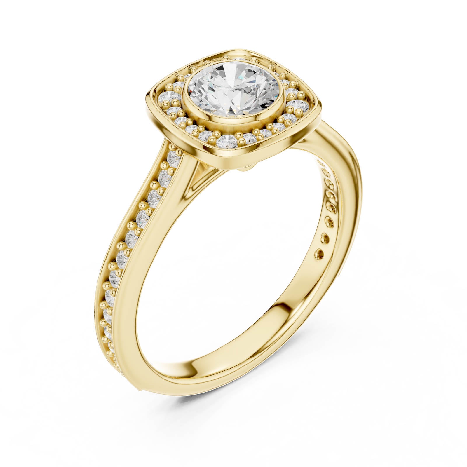 1.07 Ct. Round Diamond Halo Ring with Cushion Halo Frame and Pavé Band (LR-0240)