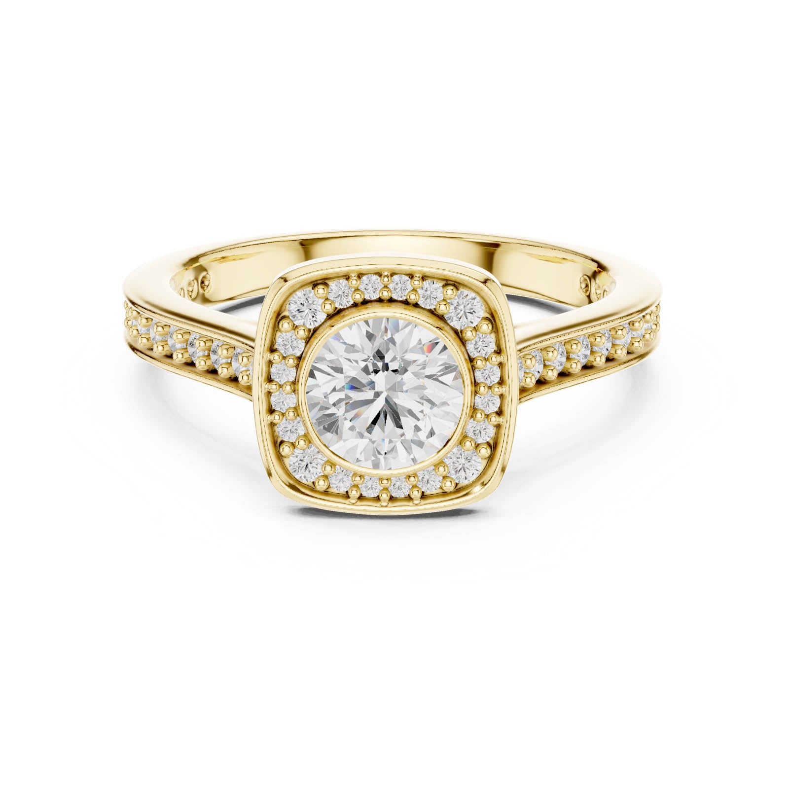 1.07 Ct. Round Diamond Halo Ring with Cushion Halo Frame and Pavé Band (LR-0240) 5
