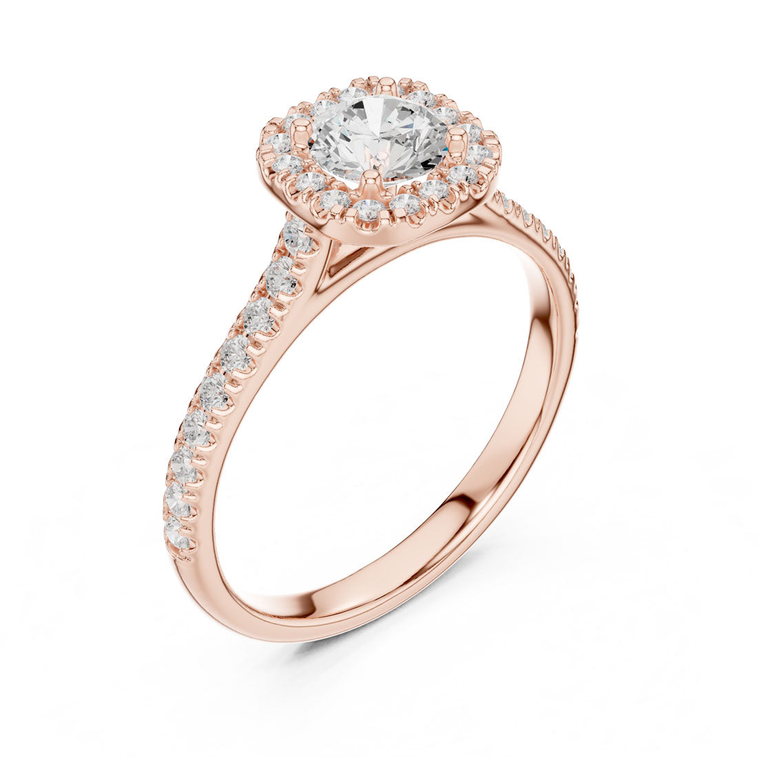 1.20 Ct. Round Diamond Solitaire with Cushion-Shaped Halo and Pavé-Set Band (LR-0245) 9