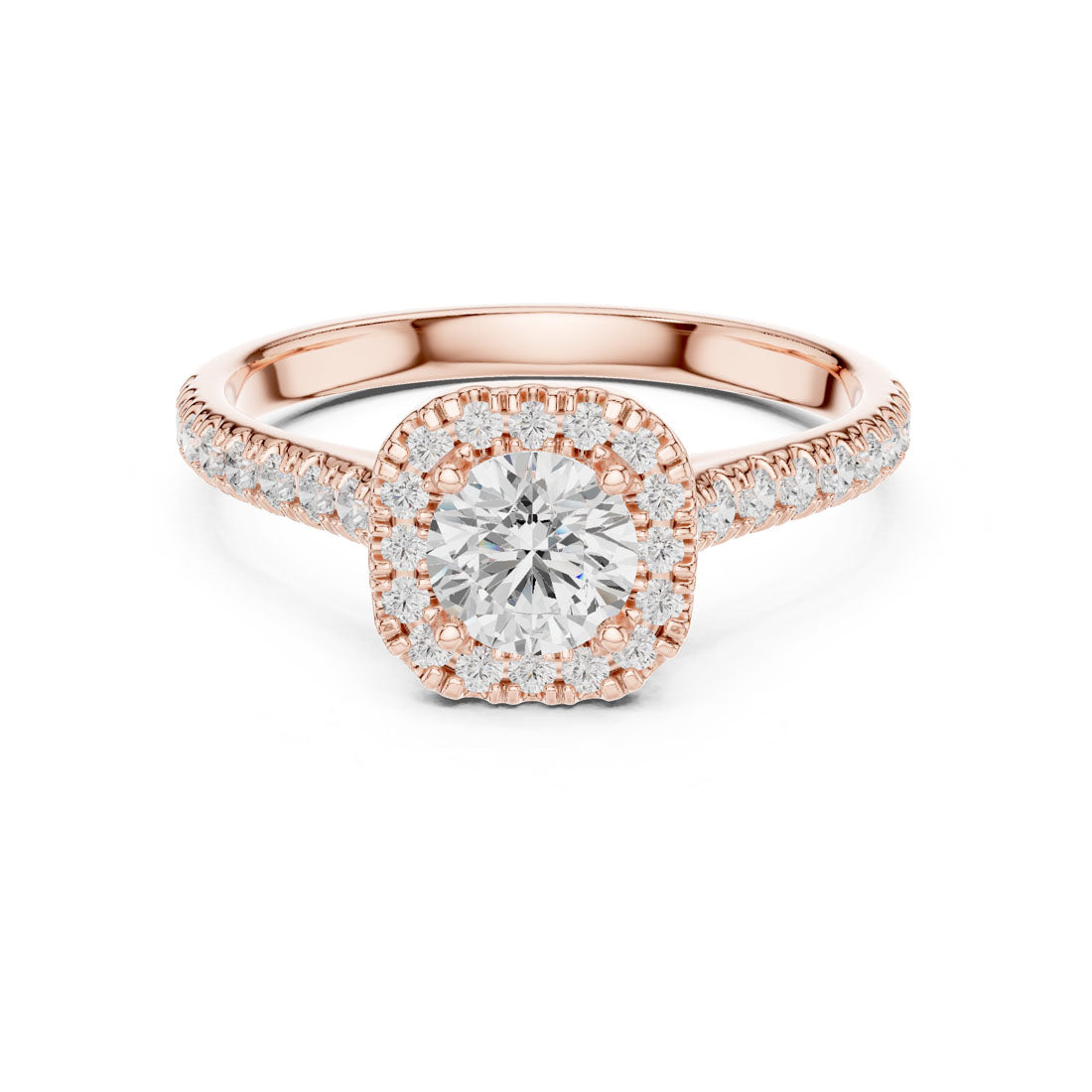 1.20 Ct. Round Diamond Solitaire with Cushion-Shaped Halo and Pavé-Set Band (LR-0245) 7