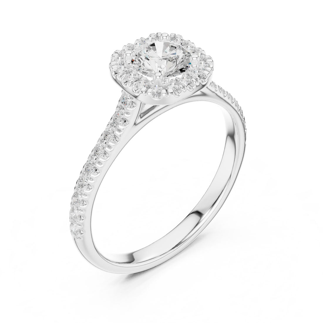 1.20 Ct. Round Diamond Solitaire with Cushion-Shaped Halo and Pavé-Set Band (LR-0245) 10