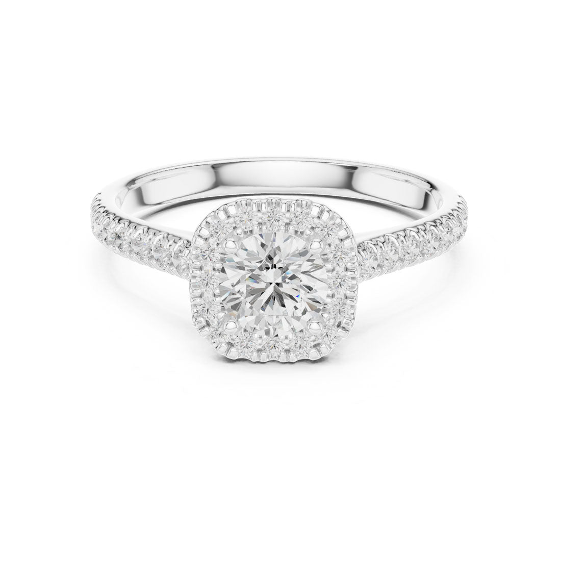 1.20 Ct. Round Diamond Solitaire with Cushion-Shaped Halo and Pavé-Set Band (LR-0245)