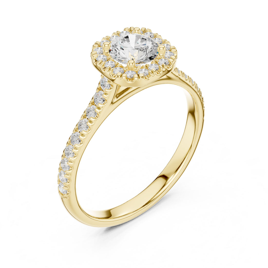 1.20 Ct. Round Diamond Solitaire with Cushion-Shaped Halo and Pavé-Set Band (LR-0245)