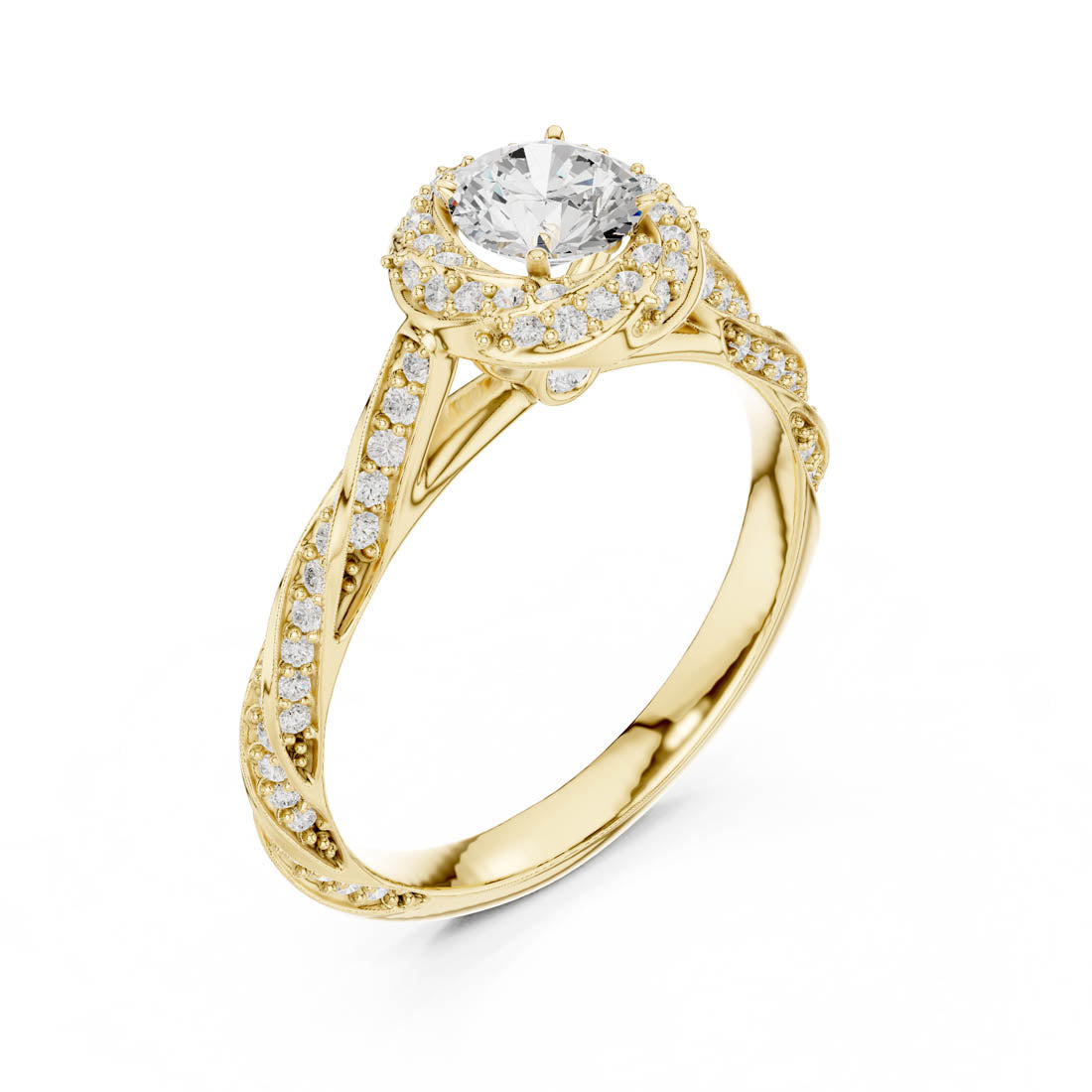 1.15 Ct. Diamond Solitaire with Twisted Rosette Halo and Diamond-Set Twisted Band (LR-0260)