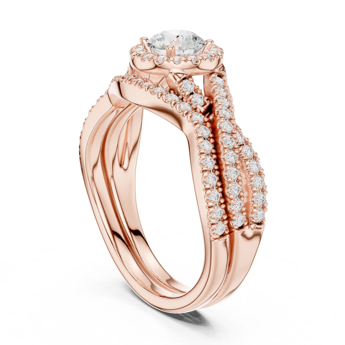 1.24 Ct. Round Diamond Solitaire Set with Round Halo and Triple-Row Twisted Bridal Set (LR-0268) 9