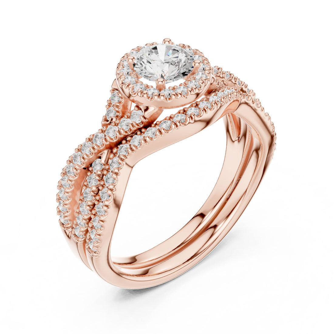 1.24 Ct. Round Diamond Solitaire Set with Round Halo and Triple-Row Twisted Bridal Set (LR-0268) 8