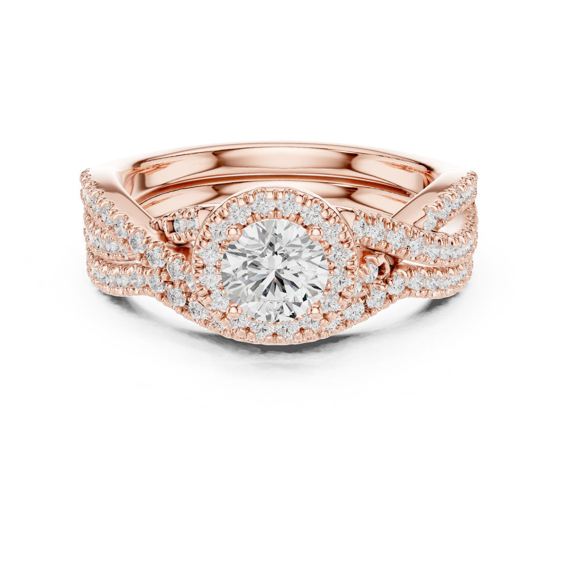 1.24 Ct. Round Diamond Solitaire Set with Round Halo and Triple-Row Twisted Bridal Set (LR-0268) 7