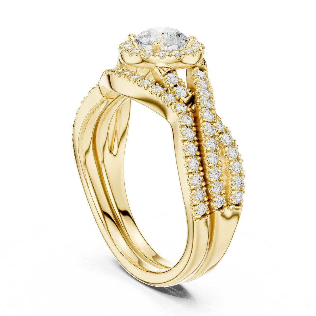 1.24 Ct. Round Diamond Solitaire Set with Round Halo and Triple-Row Twisted Bridal Set (LR-0268) 3