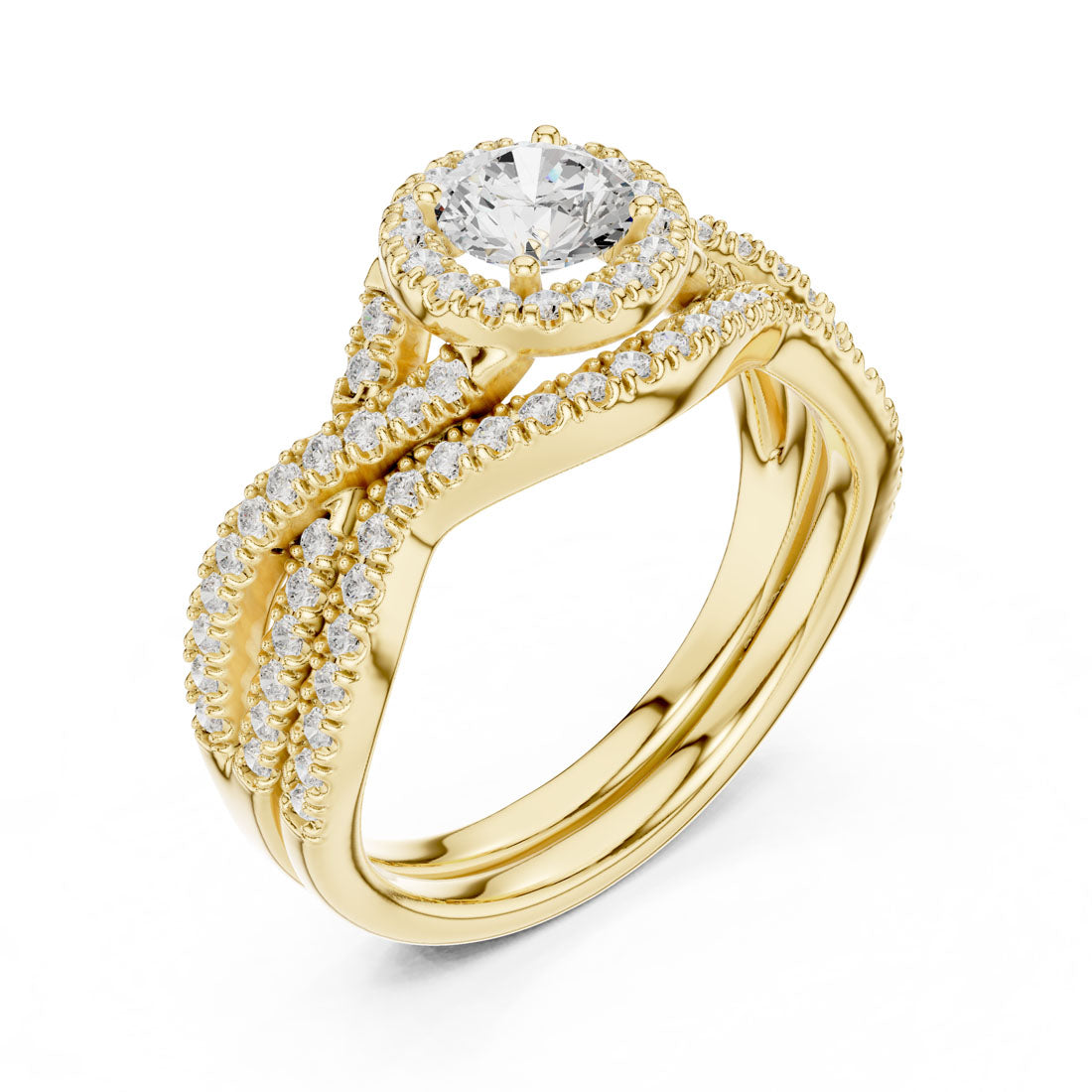 1.24 Ct. Round Diamond Solitaire Set with Round Halo and Triple-Row Twisted Bridal Set (LR-0268)