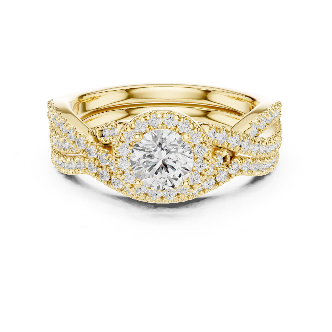 1.24 Ct. Round Diamond Solitaire Set with Round Halo and Triple-Row Twisted Bridal Set (LR-0268)
