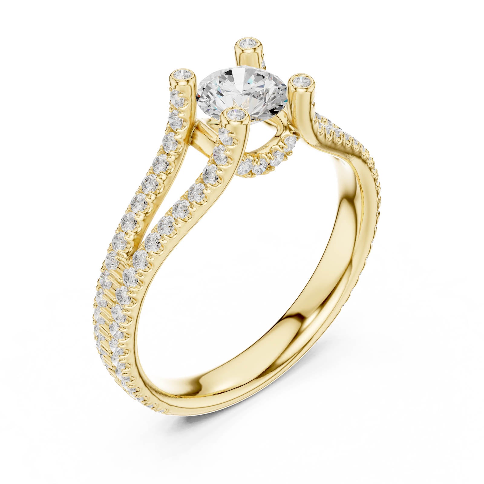 1.29 Ct. Round Diamond Split Shank Ring with Hidden Halo and Pavé Accents (LR-0295)