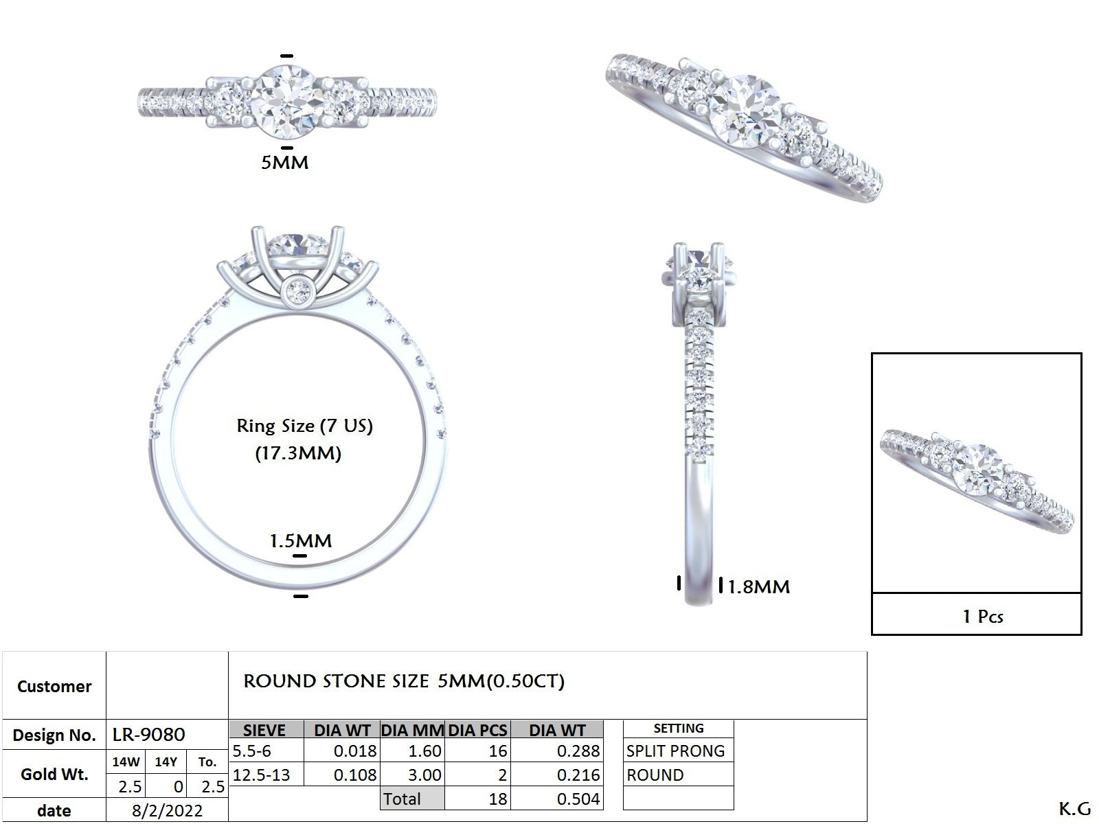 1.00 Ct. Round Diamond Ring with Round Side Stones and Pavé Shank (DDLR-788) 13