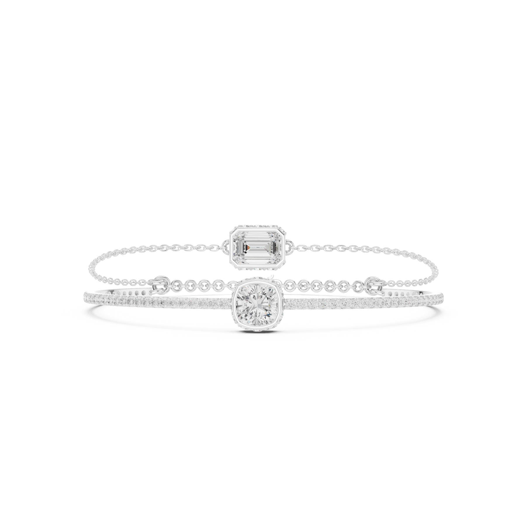 4.22 Ct. Emerald and Cushion Diamond Double Chain Bangle Bracelet (SBWB (25))