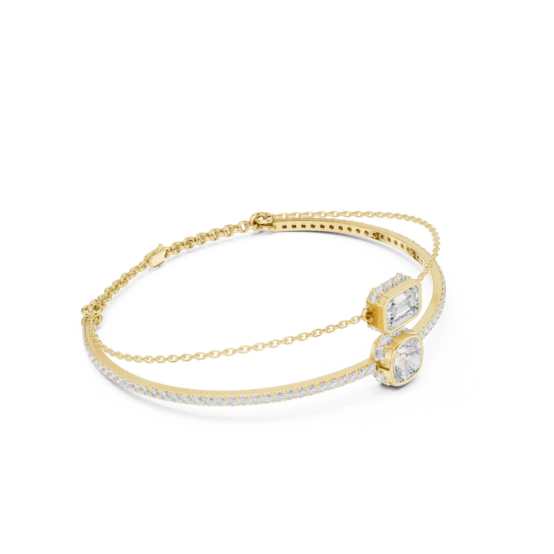 4.22 Ct. Emerald and Cushion Diamond Double Chain Bangle Bracelet (SBWB (25))