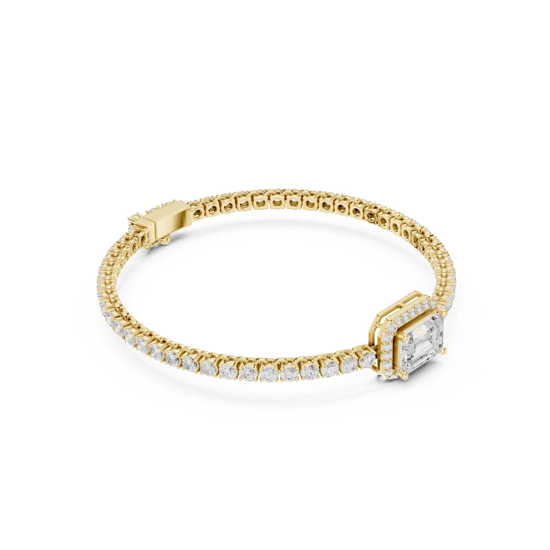 6.19 Ct. Emerald Cut Diamond Halo Tennis Bracelet with Round Diamond Links (SBWB (7))