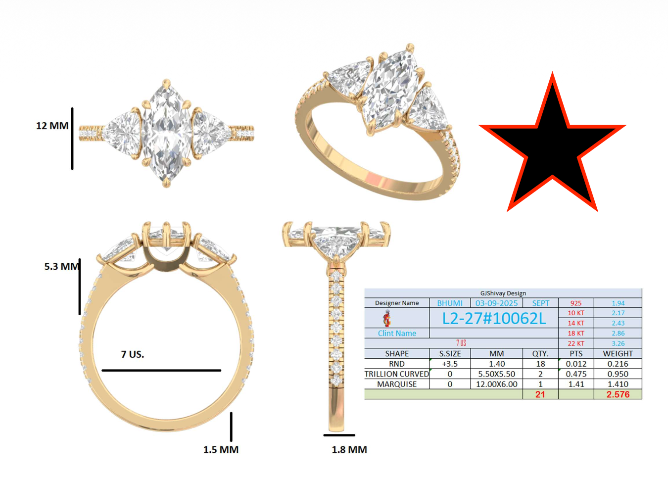 2.60 Ct. Marquise Diamond Ring with Trillion Side Diamonds and Pavé Shank (L2-27#10062L) 16