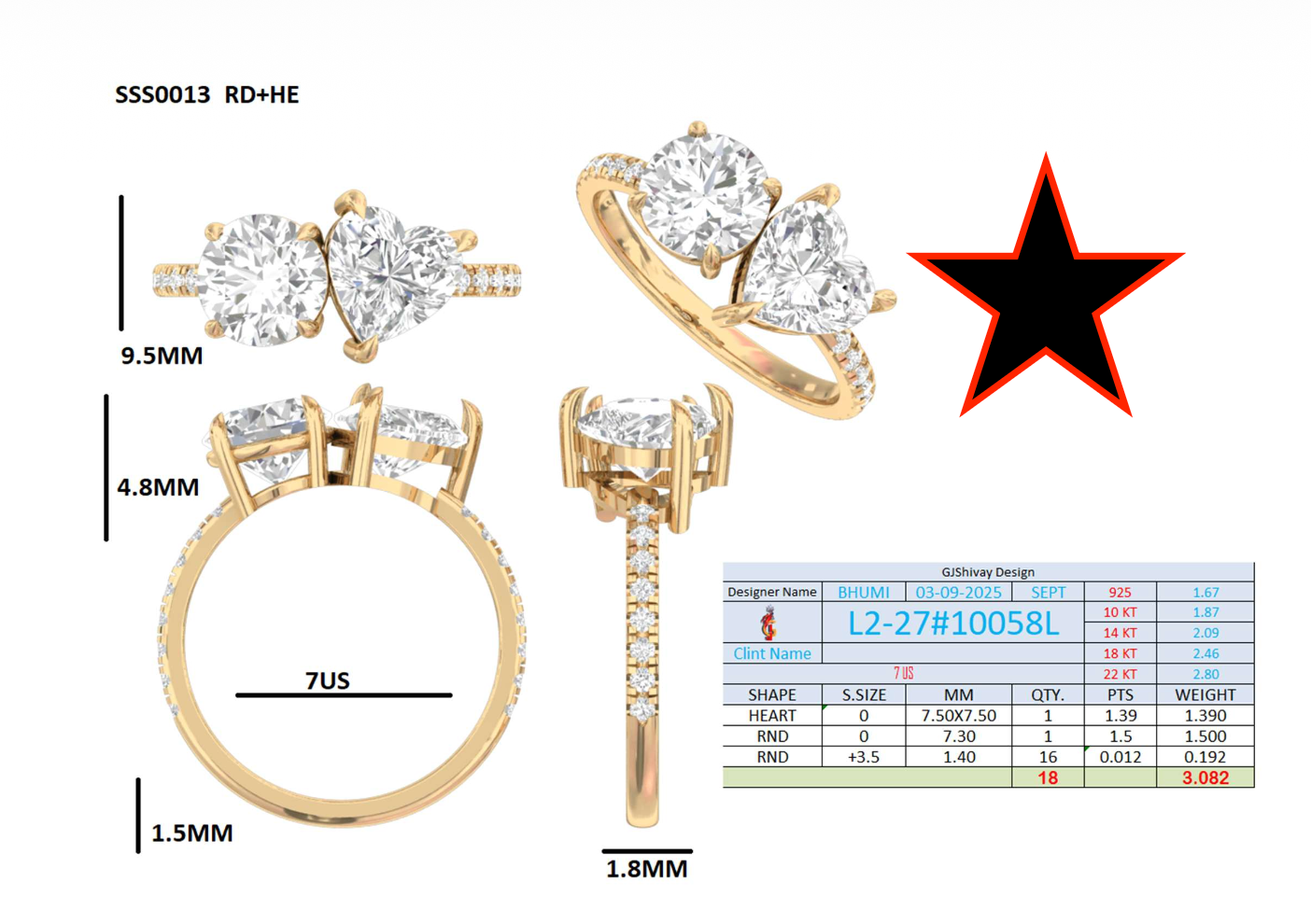 3.10 Ct. Round and Heart Diamond Toi et Moi Ring with Pavé Shank (L2-27#10058L) 16