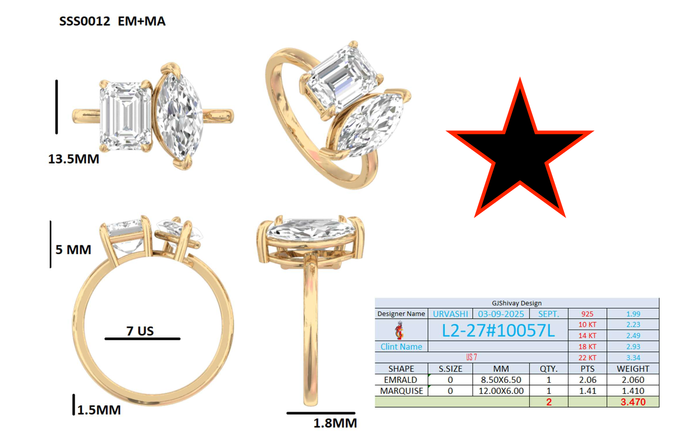 3.47 Ct. Toi et Moi Ring with Emerald and Marquise Diamonds (L2-27#10057L) 16