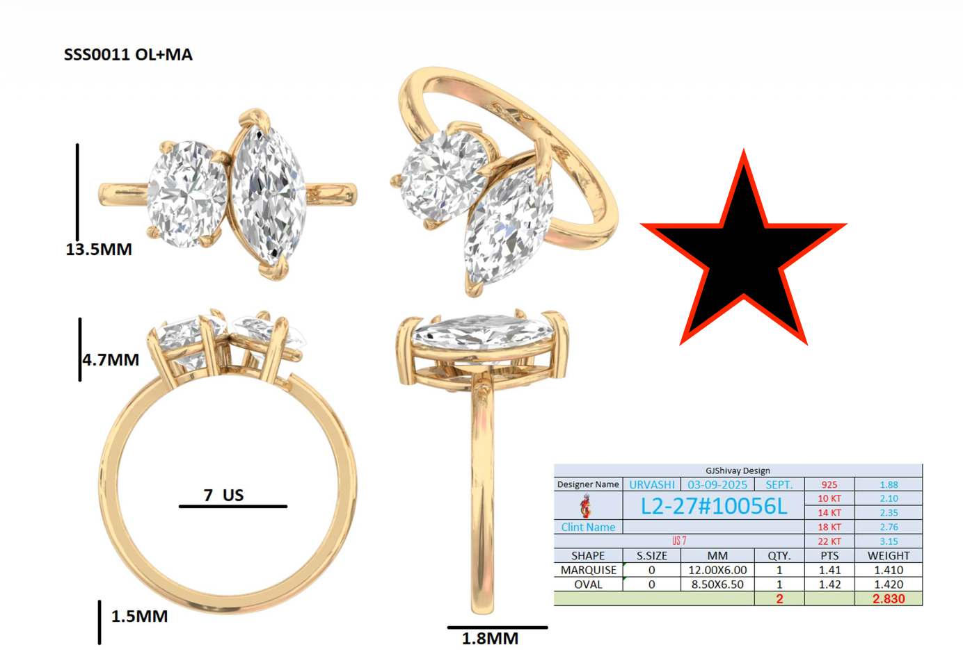 2.83 Ct. Toi et Moi Oval & Marquise Diamond Ring (L2-27#10056L) 16