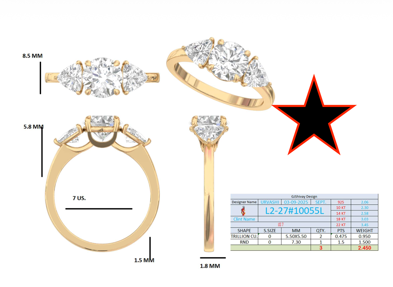 2.45 Ct. Round Diamond Ring with Trillion Side Stones (L2-27#10055L) 16