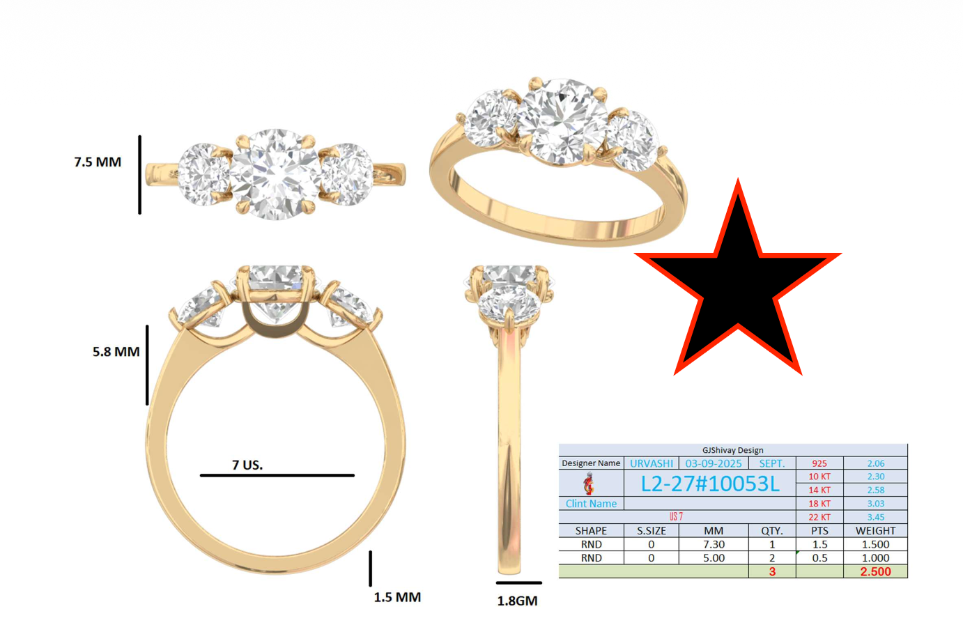 2.50 Ct. Three-Stone Round Diamond Ring with Prong Settings (L2-27#10053L) 16