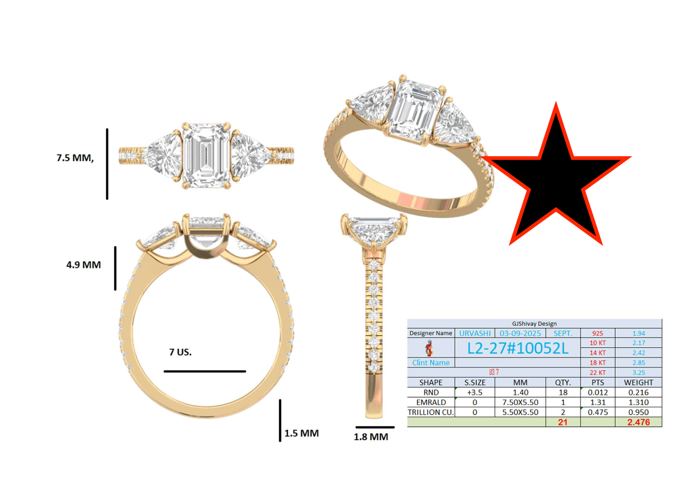 2.50 Ct. Emerald Cut Diamond Ring with Pear Side Stones and Pavé Shank (L2-27#10052L) 16