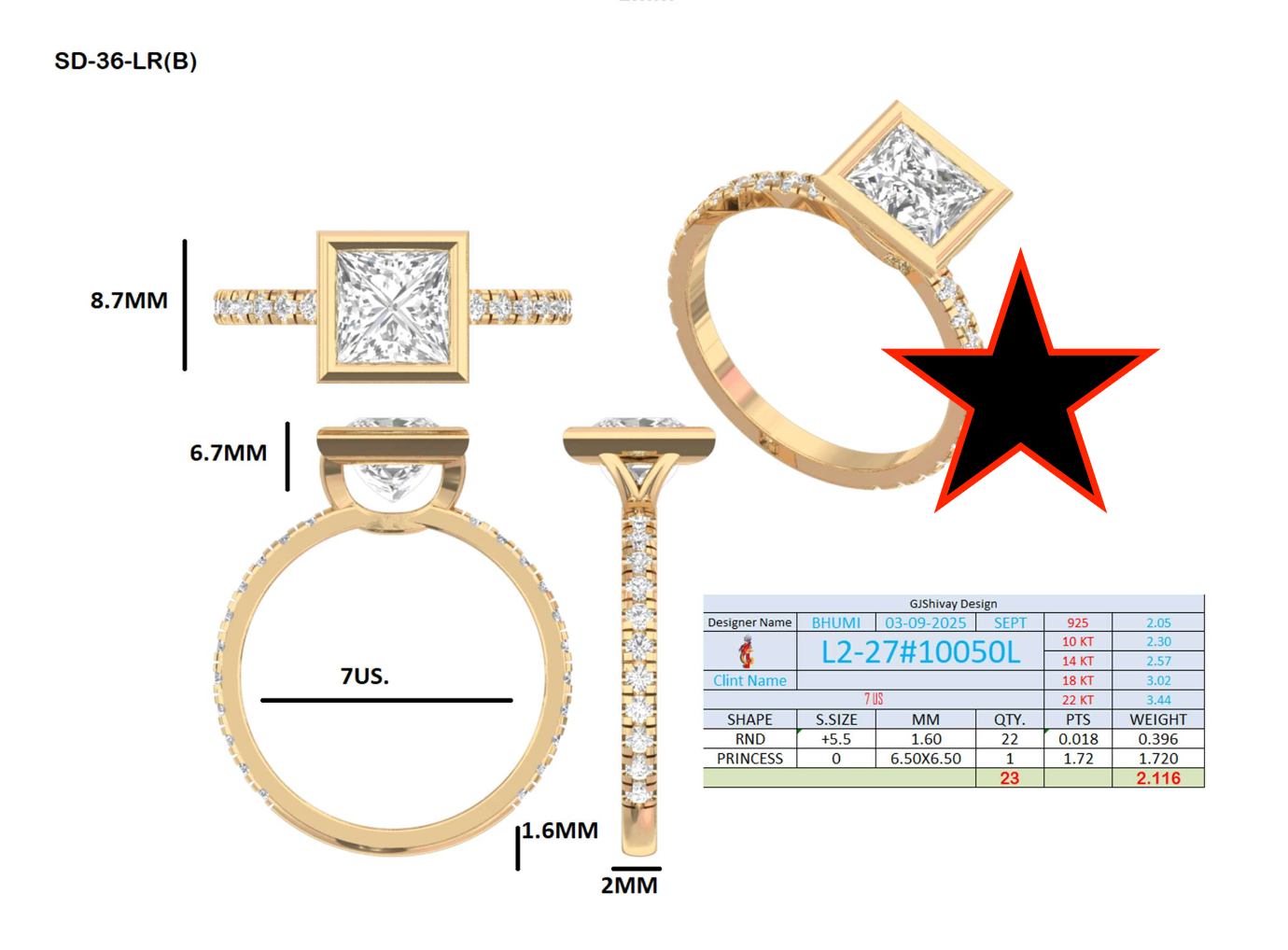 2.10 Ct. Princess-Cut Diamond Ring with Bezel Setting and Pavé Band (L2-27#10050L) 16