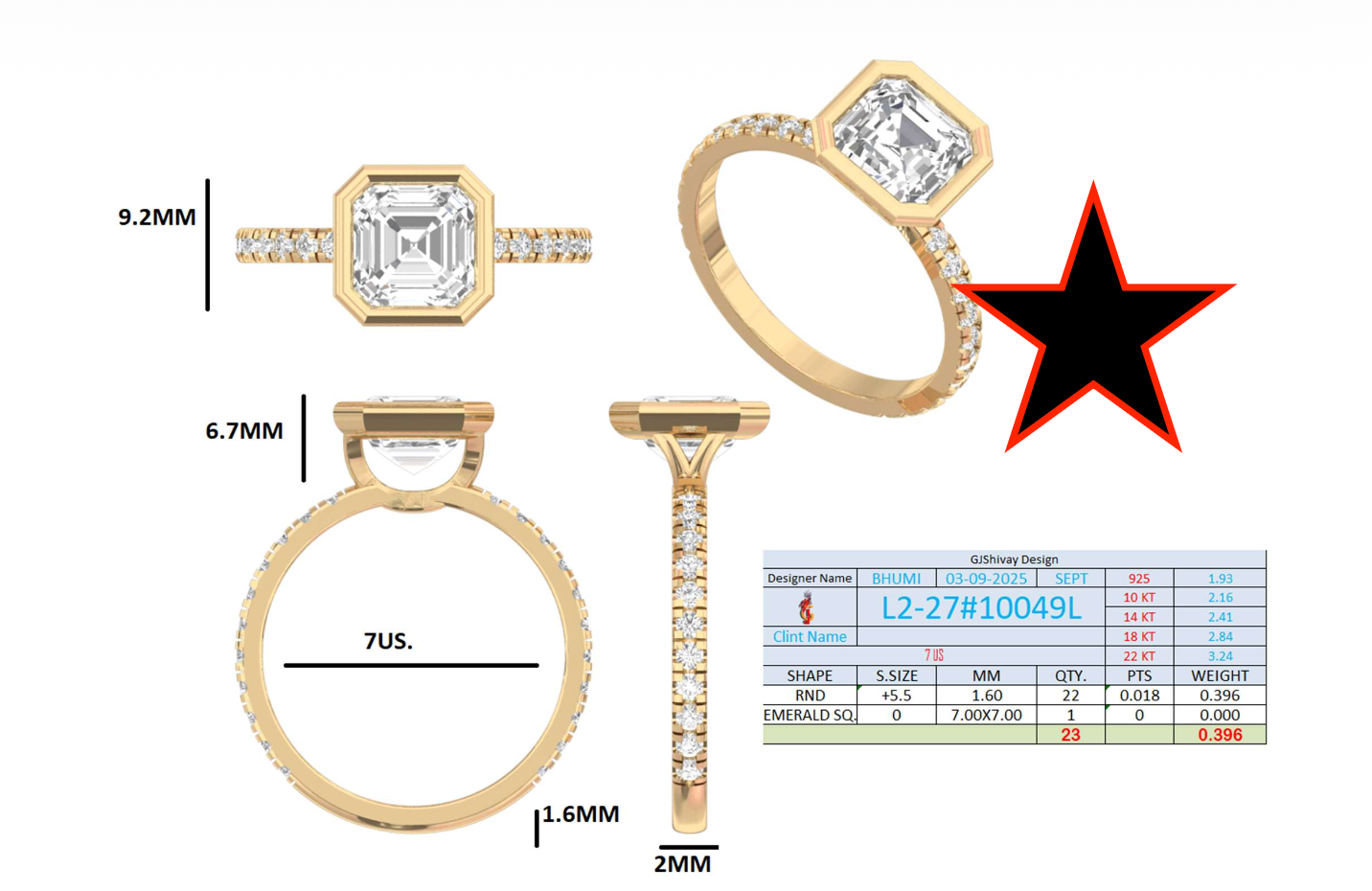 2.60 Ct. Asscher-Cut Diamond Ring with Bezel Setting and Pavé Band (L2-27#10049L) 16