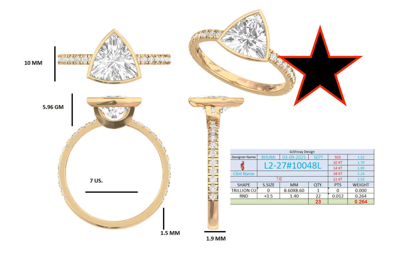 2.15 Ct. Trillion Diamond Ring with Bezel Setting and Pavé Band (L2-27#10048L) 16